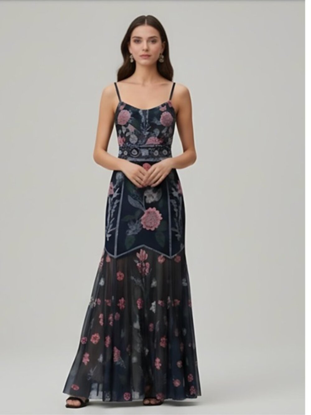 Elegant Floral  V-Neck Mermaid Hem Dress Blue